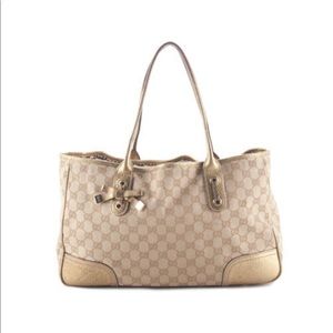 Authentic GUCCI Canvas Gold Tone Leather Tote Bag